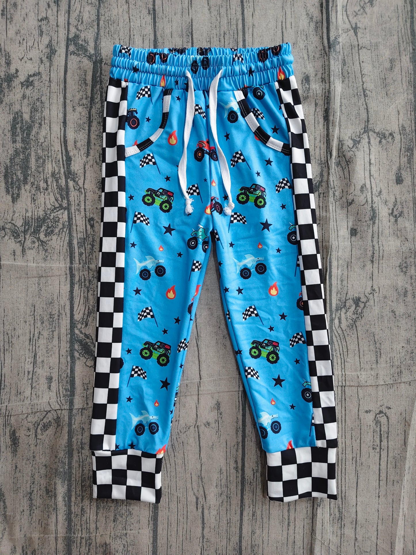 Baby Boys Hot Blue Motor Cars Flags Pockets Jogger Pants Bottom