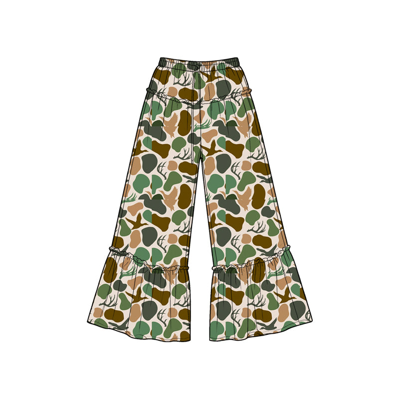 Preorder moq 5 Baby Girls Green Brown Camo Deer Ducks Hunting Bell Bottom Pants