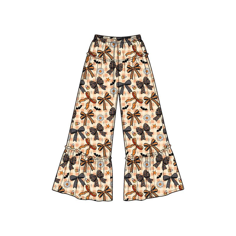 Preorder moq 5 Baby Girls Black Orange Bows Bats Checked Halloween Bell Bottom Pants
