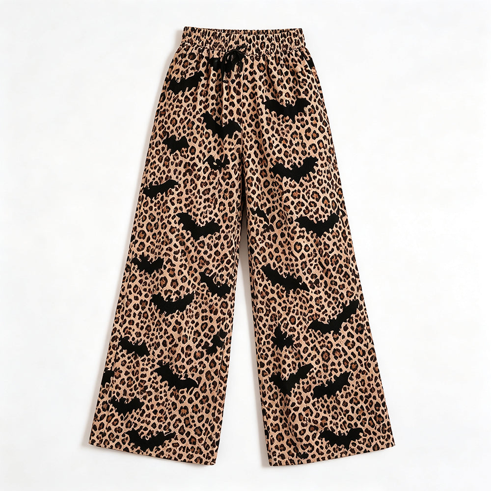 Preorder moq 5 Adult Women Bats Leopard Halloween Pockets Straight Pants Bottom