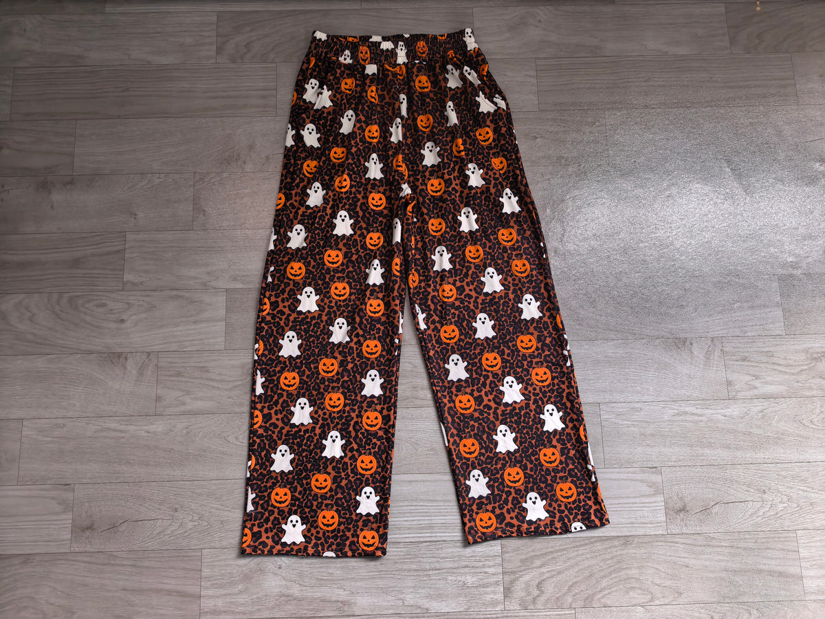 Adult Women Ghost Pumpkins Leopard Halloween Pockets Flare Pants Bottom