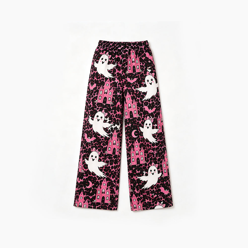 Preorder moq 5 Baby Girls Ghosts Castles Leopard Halloween Pockets Straight Pants Bottom