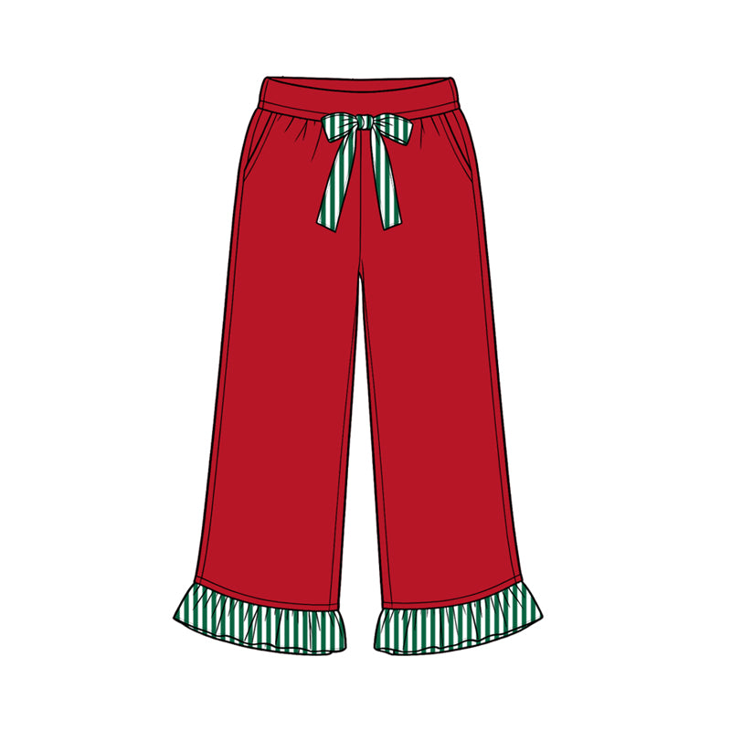 Preorder moq 5 Baby Girls Red Green Stripe Bows Pockets Ruffle Pants Bottom