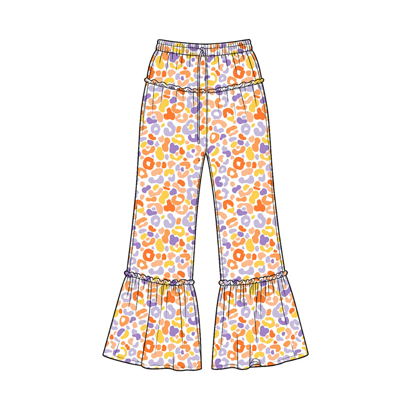 Preorder moq 5 Baby Girls Orange Lavebder Leopard Ruffle Flare Pants Bottom