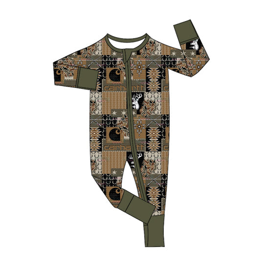 Preorder moq 5 Baby Boys Long Sleeves Deer Aztec Plaid Zipper Pant Rompers