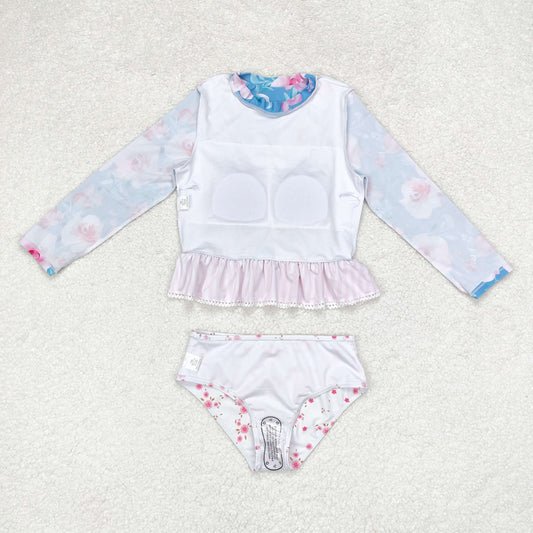 Baby Girls Blue Flowers Long Sleeve Two Pieces Swimsuits