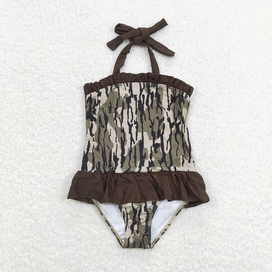 Sibling Baby Girls Strap Western Camo Print Ruffle Swimsuits