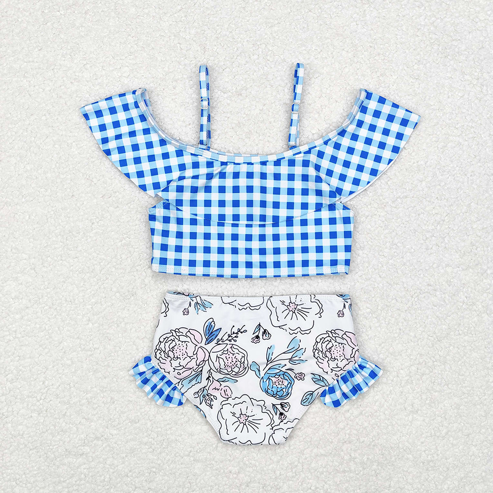 Baby Girls Blue Checkered Top Floral Bummie Two Pieces Swimsuits