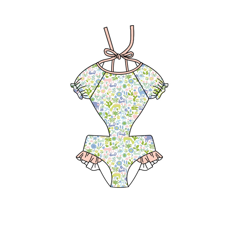 Baby Girls Green Floral Dinosaur One Piece Swimsuits Preorder