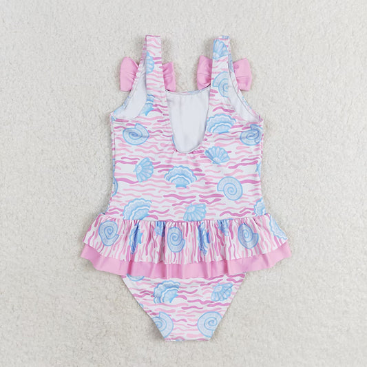 Baby Girls Pink Sea Shell Ruffle One Piece Bows Swimsuits