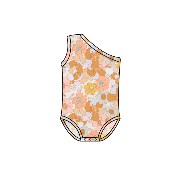 Baby Girls Summer Orange Flowers One Shoulder Swimsuits Preorder