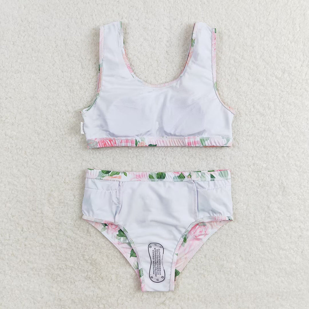 Baby Girls Summer Pink Flowers Top Ruffle Bottom Swimsuits