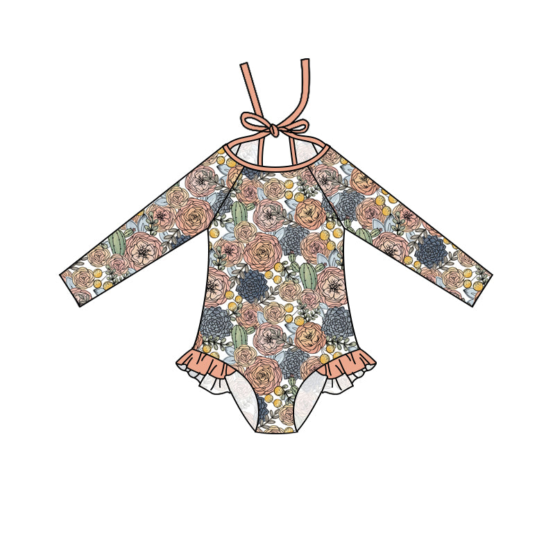 Baby Girls Summer Flowers Cactus Long Sleeve One Piece Swimsuits Preorder