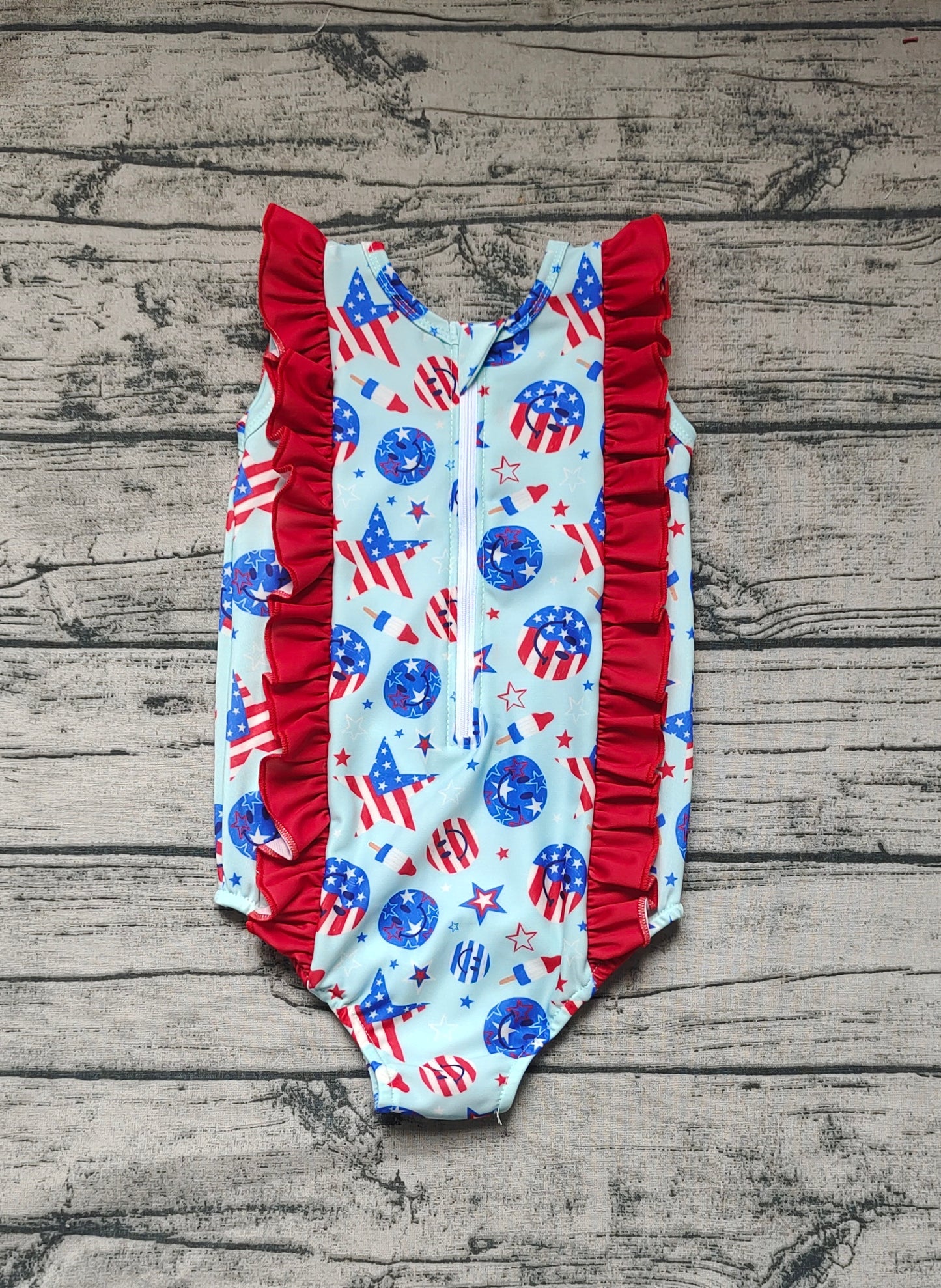 Baby Girls 4th Of July Smile Stars Ruffle One Piece Swimsuits