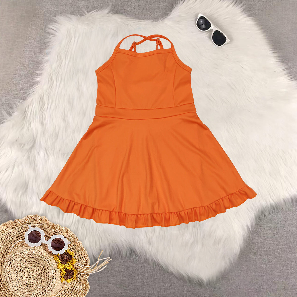 Sibling Baby Girls Orange Knit Knee Length Active Wear Dresses Set