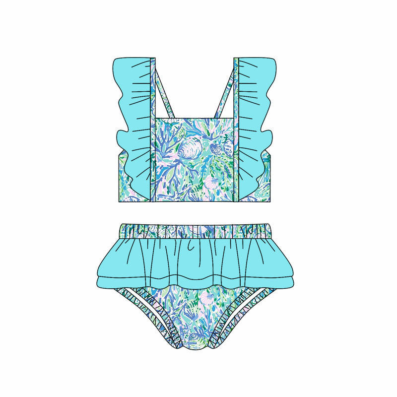 Baby Girls Seaweed Seashell Ruffles 2pcs Swimsuits Preorder