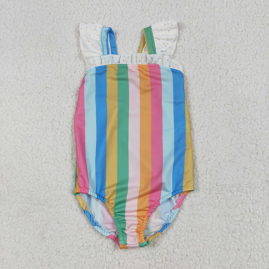 Baby Girls Flutter Sleeves Colorful Stripe One Piece Swimsuits