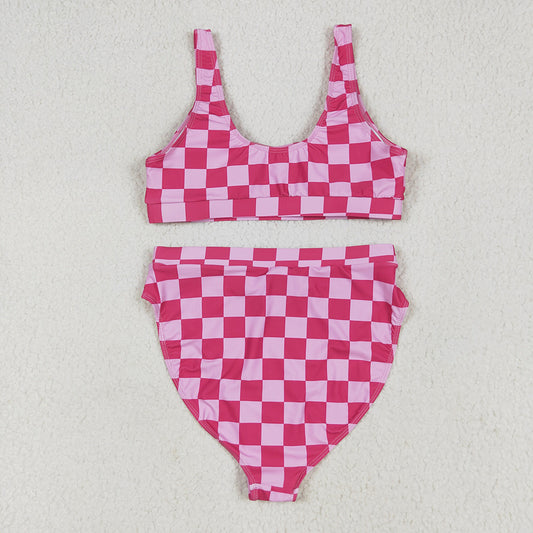 Adult Women Pink Checkered Top Bottom Swimsuits Sets