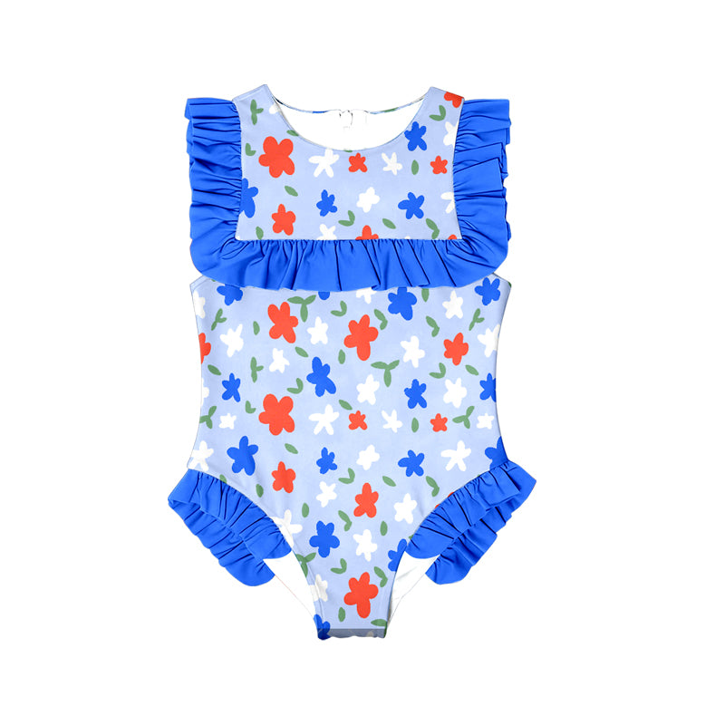 Baby Girls Red Blue Flowers July 4th Ruffle Swimsuits Preorder