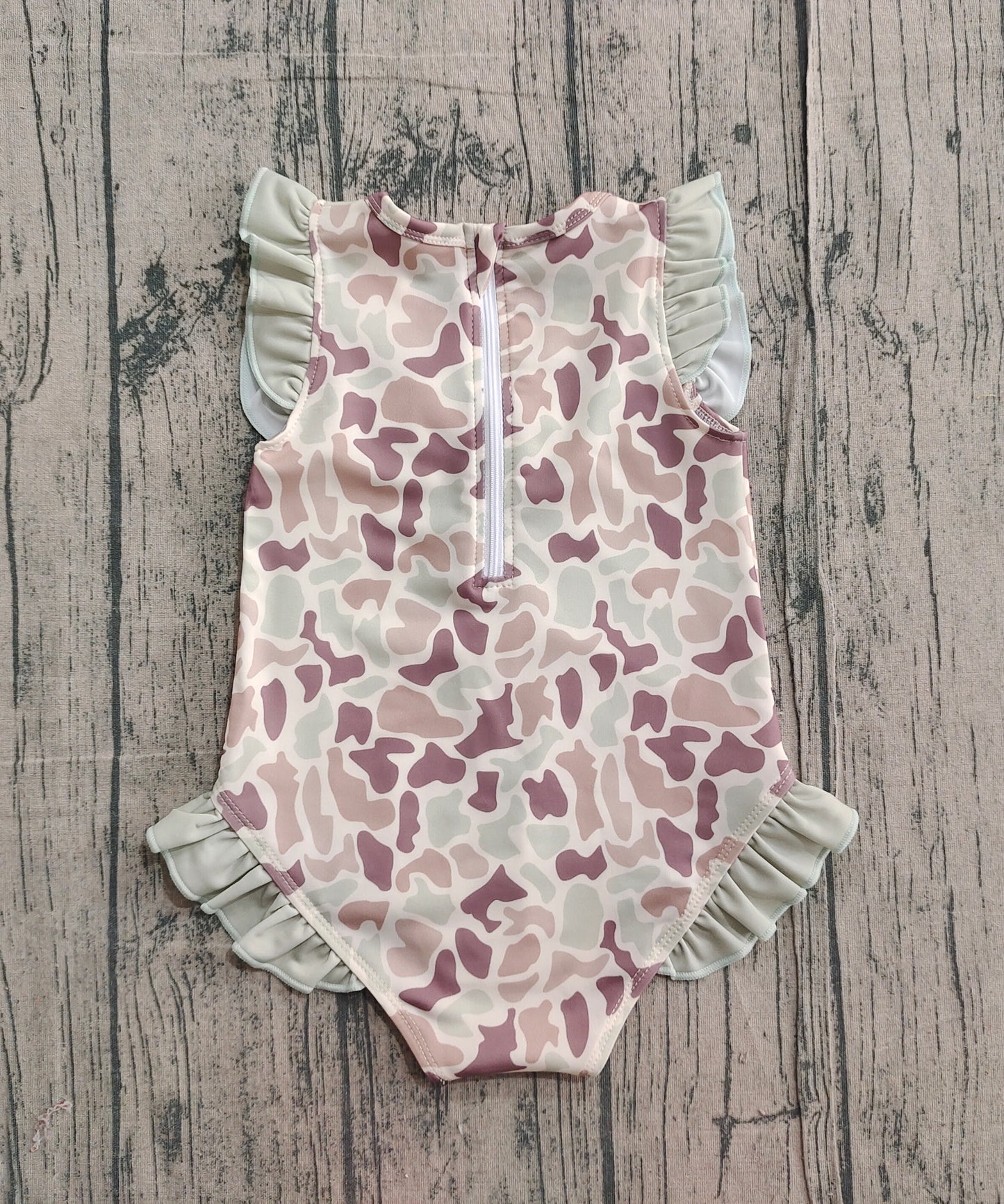 Baby Girls Khaki Camo Ruffle Swimsuits Preorder