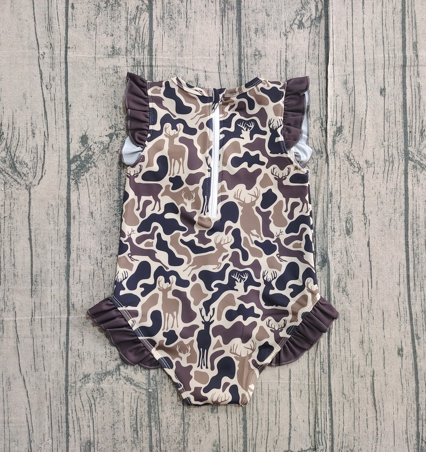 Baby Girls Southern Dark Brown Deer Camo Zipper Ruffle Swimsuits