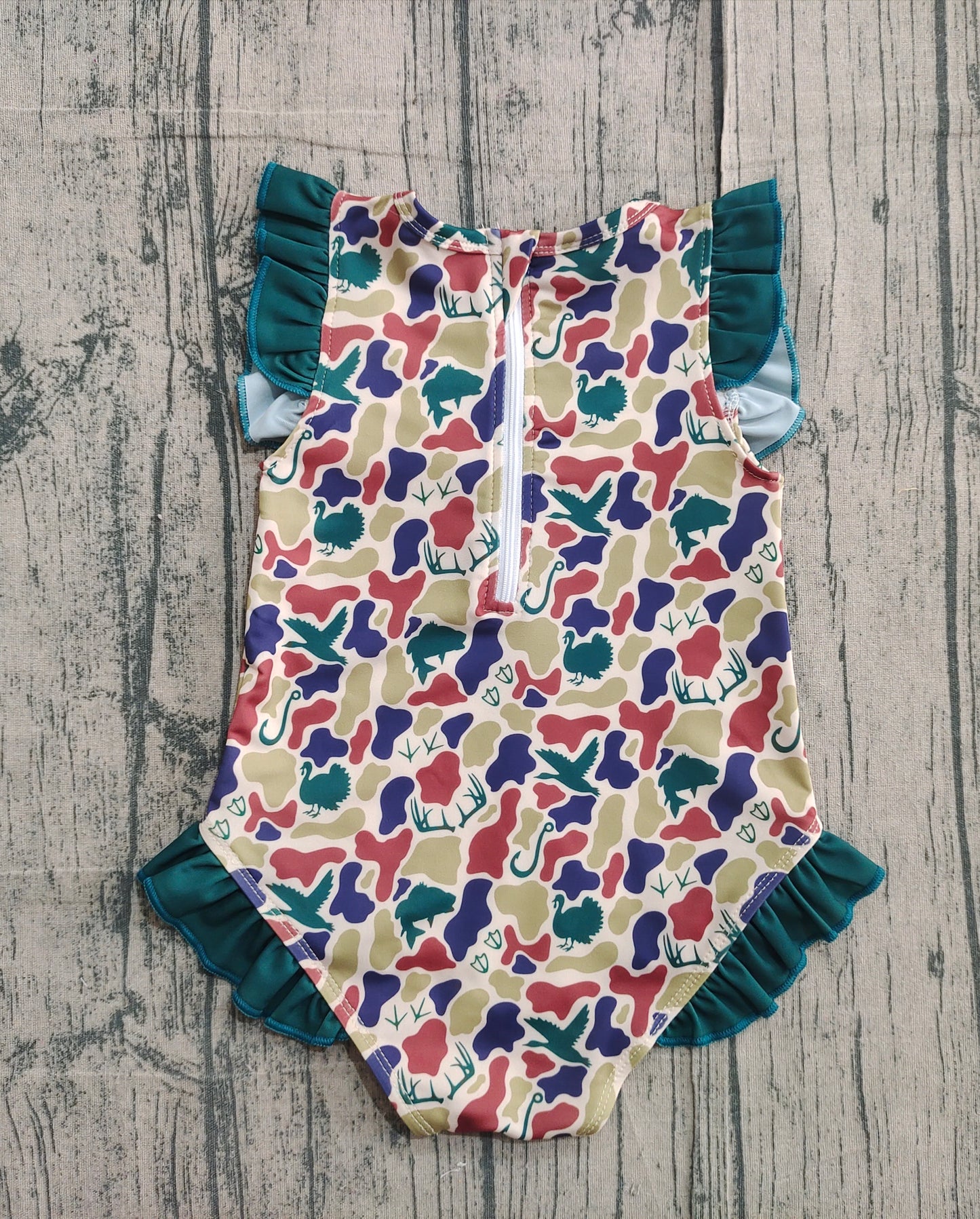 Baby Girls Dark Green Ducks Deer Camo Ruffle Swimsuits Preorder