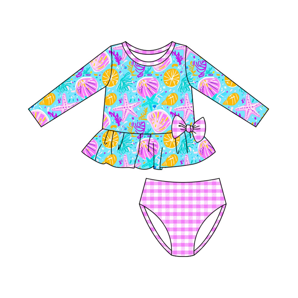 Baby Girls Sea World Ruffle Top Checked Bummies 2 Piece Swimsuits Preorder