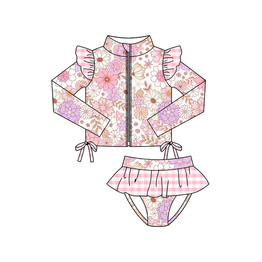 Baby Girls Colorful Floral Zipper Top Ruffle Bummies 2 Piece Swimsuits Preorder