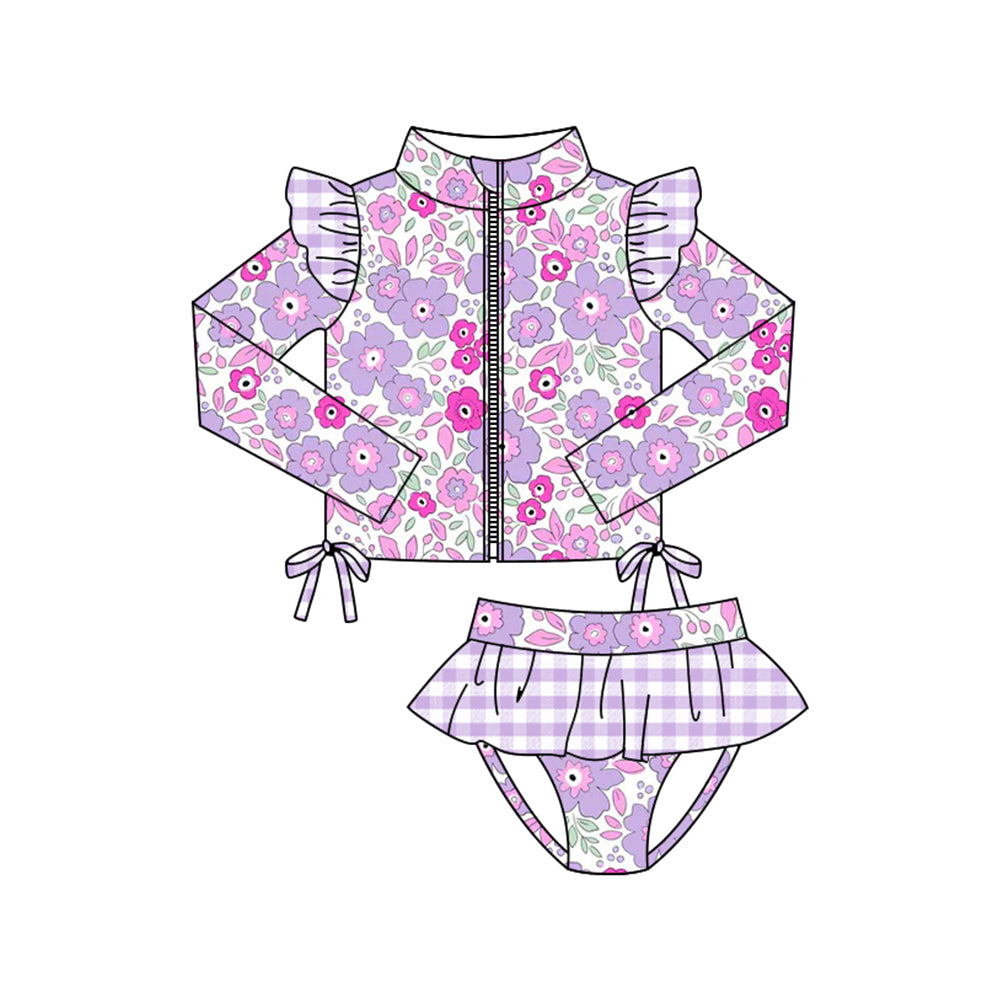 Baby Girls Purple Pink Flowers Zipper Top Tunic Bummies 2 Piece Swimsuits Preorder
