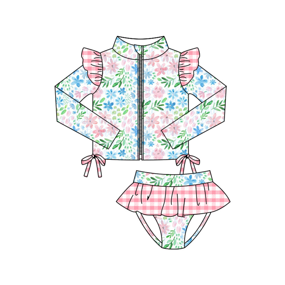 Baby Girls Blue Pink Flowers Zipper Top Tunic Bummies 2 Piece Swimsuits Preorder