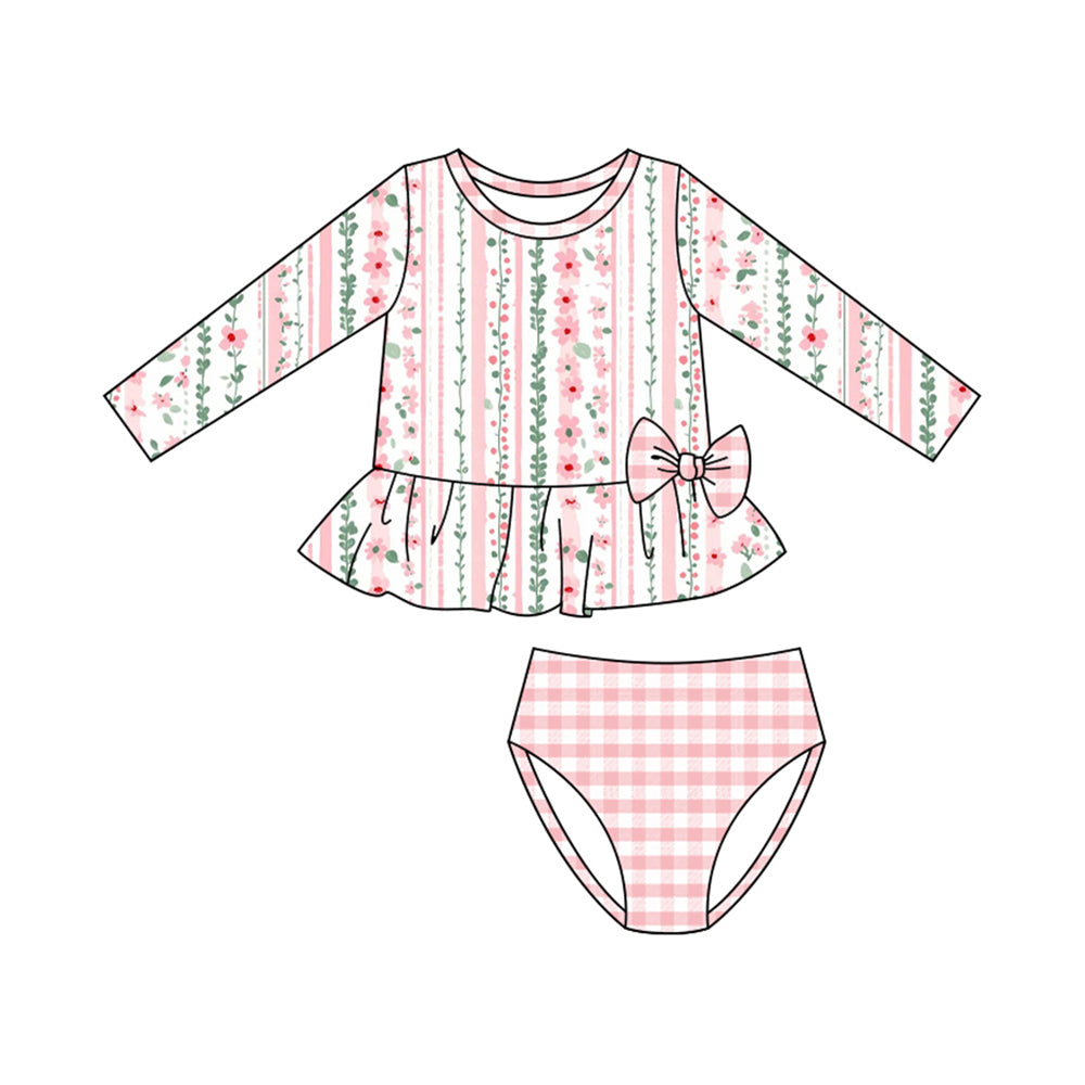 Baby Girls Pink Flowers Stripe Tunic Checked Bummies 2 Piece Swimsuits Preorder