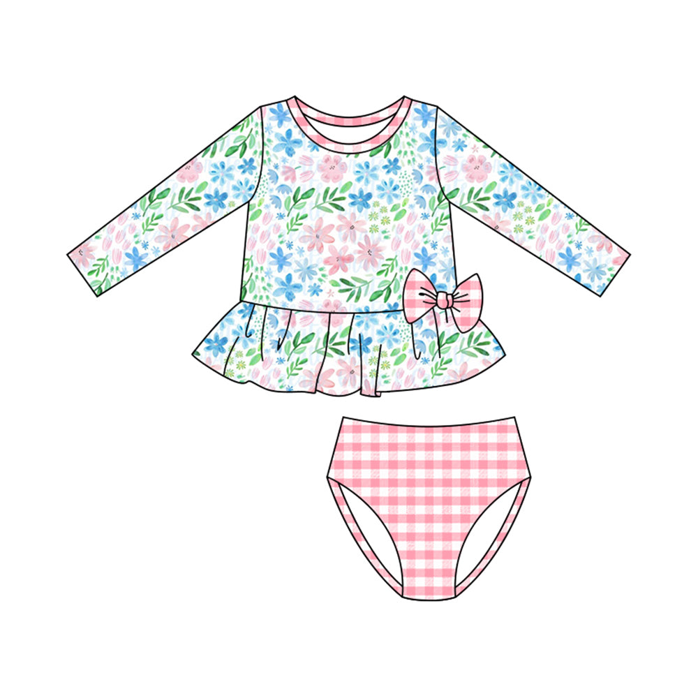 Baby Girls Pink Blue Floral Tunic Checked Bummies 2 Piece Swimsuits Preorder