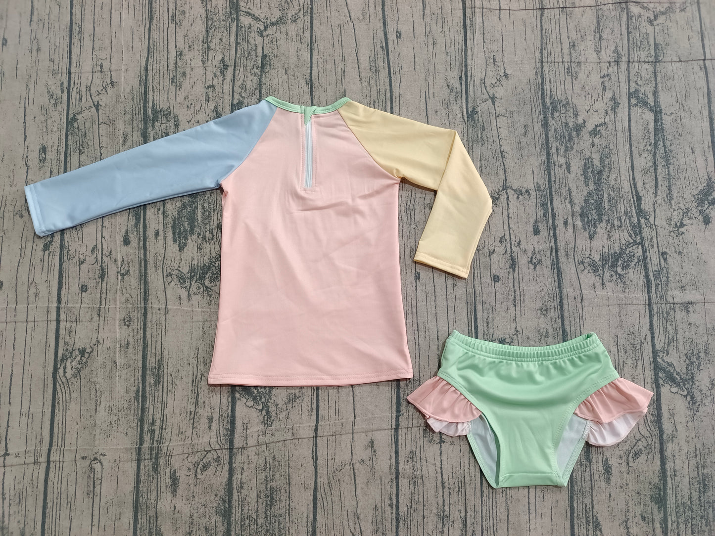 Baby Girls Yellow Aqua Blue Pink Patchwork Top Ruffle Bummies Swimsuits