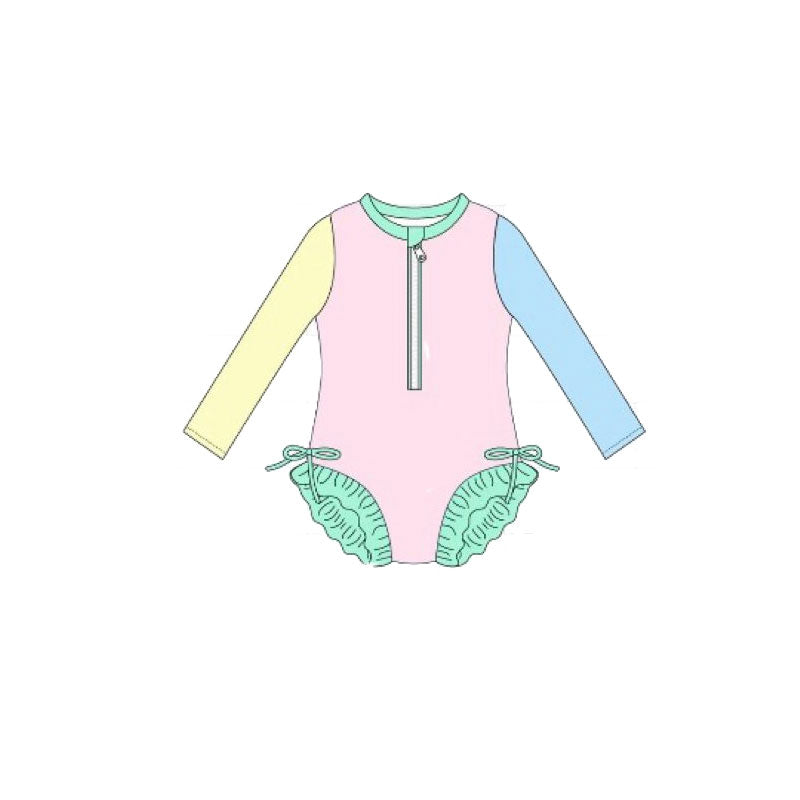Baby Girls Long Sleeve Yellow Aqua Blue Pink Ruffle Zipper Romper Swimsuits Preorder