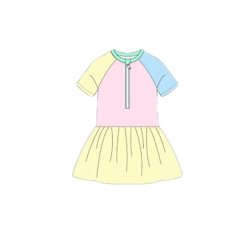 Baby Girls Short Sleeve Yellow Aqua Blue Pink Zipper Knee Length Dress Swimsuits Preorder
