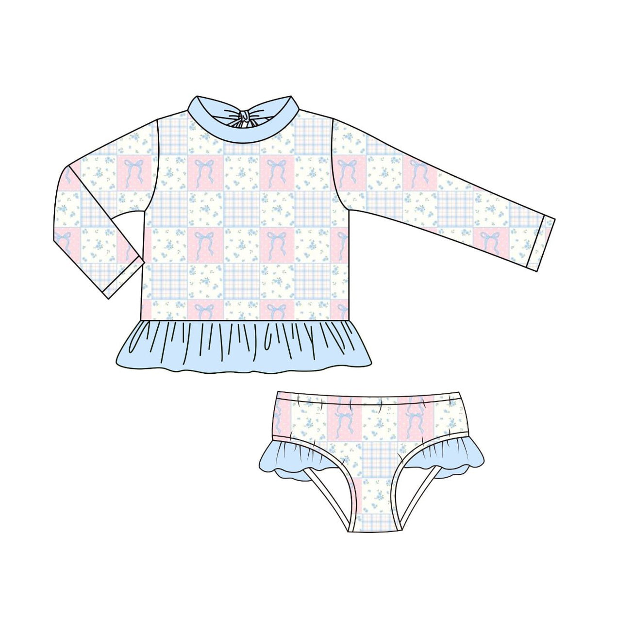 Baby Girls Long Sleeve Bows Flowers Checked Top Bummies 2 Piece Swimsuits Preorder