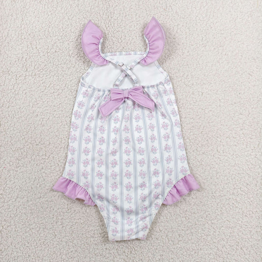 Baby Girls Flutter Sleeve Flowers Stripe Back Bows Romper Swimsuits