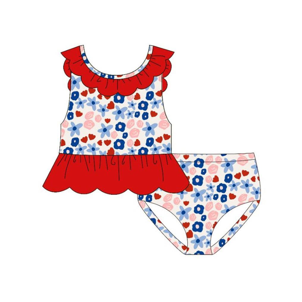 Baby Girls Blue Red Flowers Top Bummies 2 Piece 4th of July Swimsuits Preorder