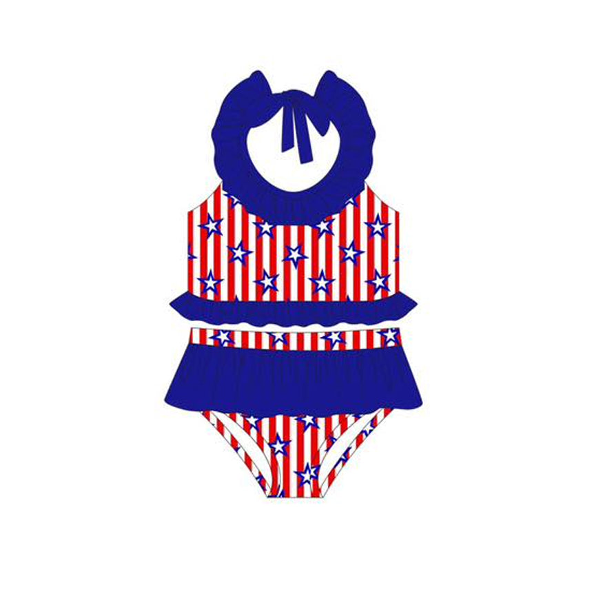 Baby Girls Strap Stripe Stars Ruffle Top Bummies 4th of July 2 Pieces Swimsuits Preorder