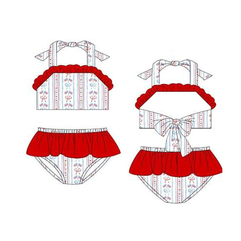Baby Girls Strap Bows Flags Stripe Top Bummies 4th of July 2 Pieces Swimsuits Preorder