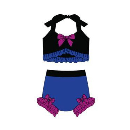 Baby Girls Blue Black Strap Vest Bows Bummies 2 Pieces Swimsuits Preorder
