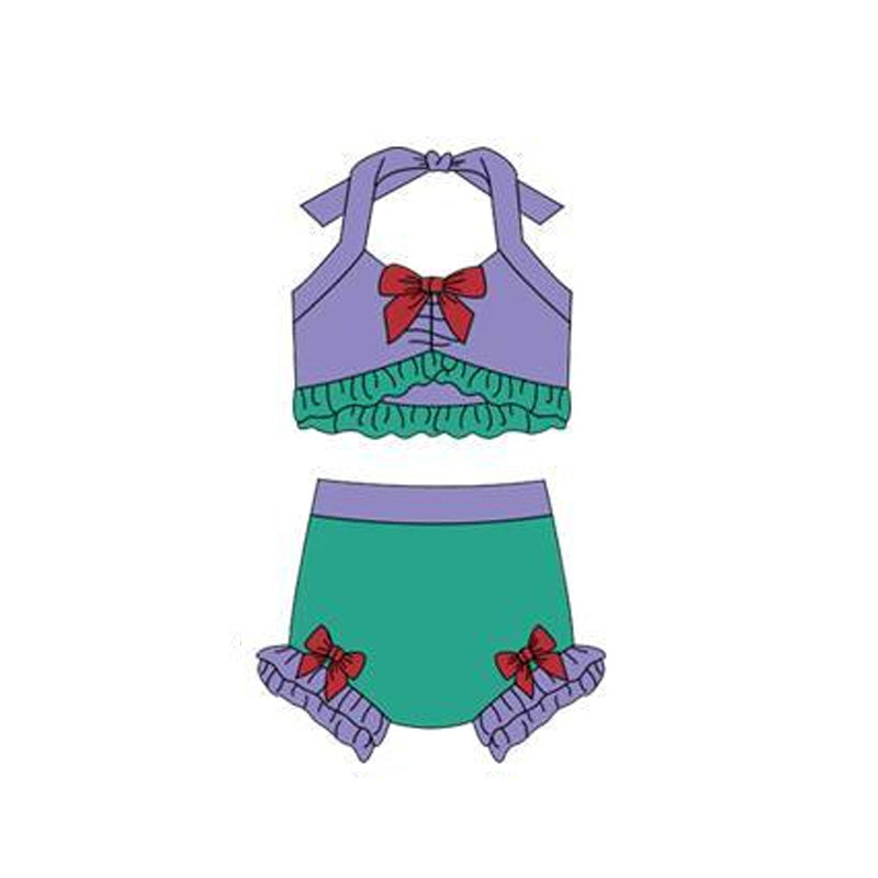 Baby Girls Purple Green Strap Vest Bows Bummies 2 Pieces Swimsuits Preorder