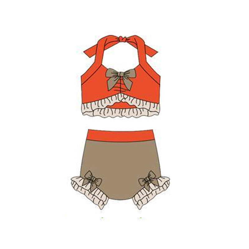 Baby Girls Orange Khaki Strap Vest Bows Bummies 2 Pieces Swimsuits Preorder