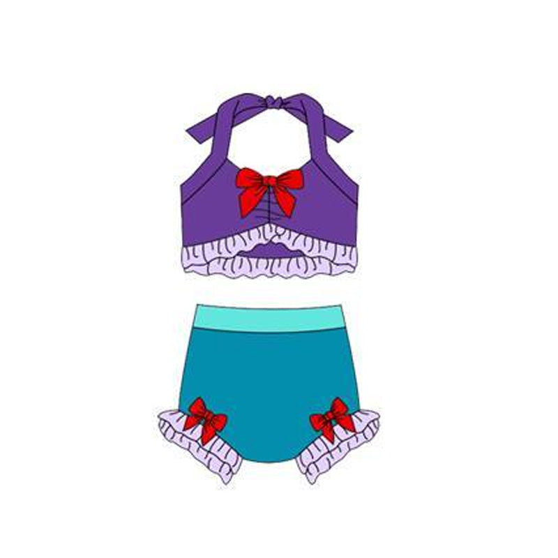 Baby Girls Purple Blue Strap Vest Bows Bummies 2 Pieces Swimsuits Preorder