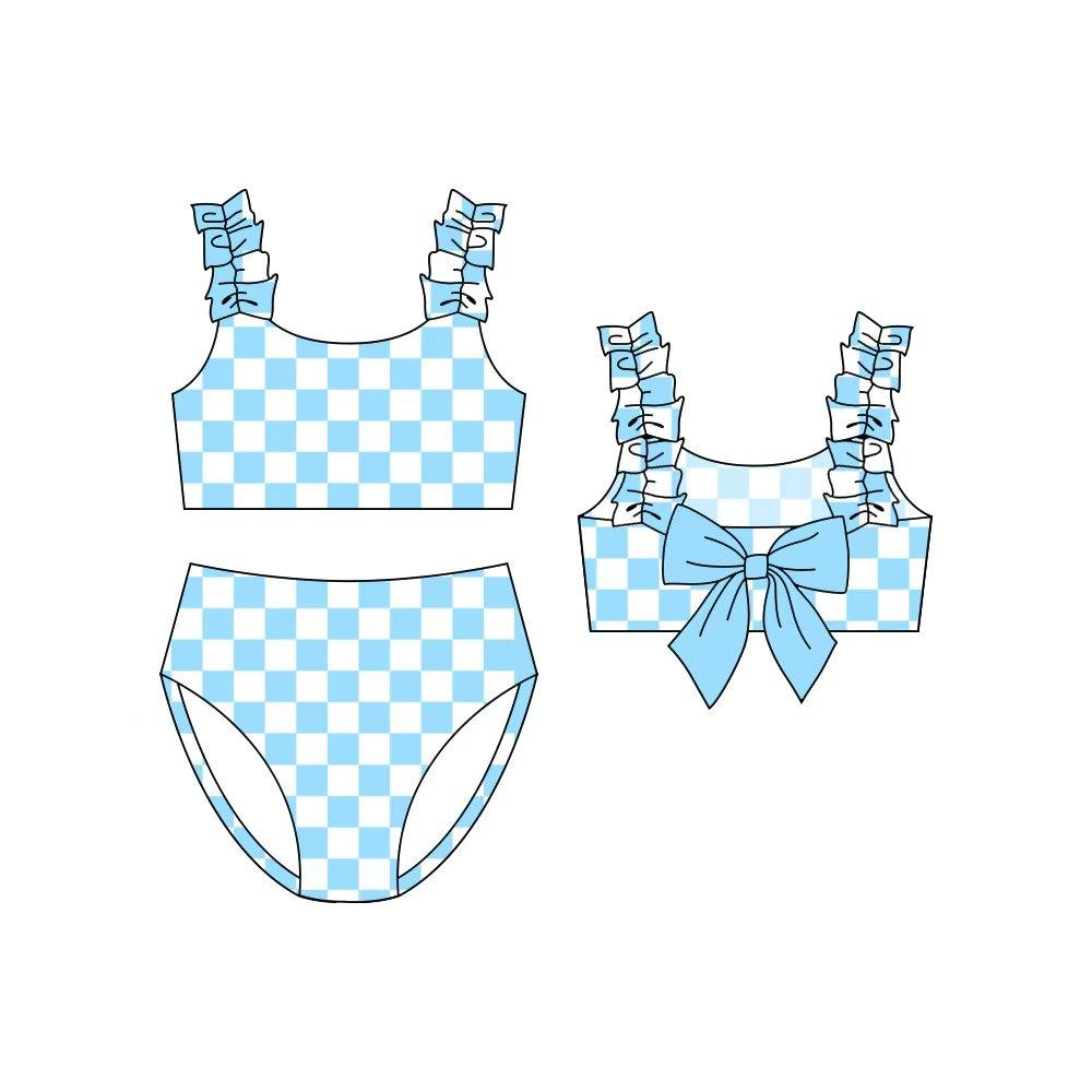 Baby Girls Strap Blue Checked Back Bows Vest Top Bummies 2 Piece Swimsuits Preorder