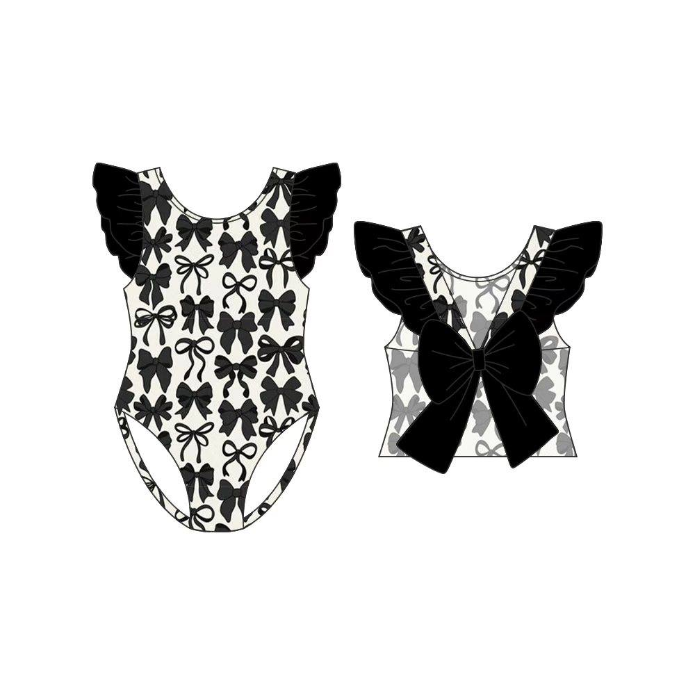 Baby Girls Flutter Sleeve Black Bows Plaid Swimsuits Preorder