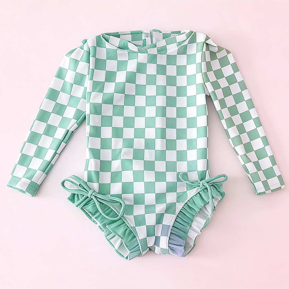 Baby Girls Green Checked Long Sleeve Ruffle Bummies Swimsuits Preorder