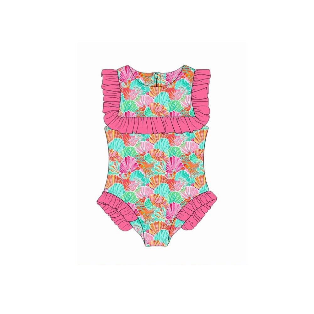 Baby Girls Sleeveless Colorful Shells Ruffle Swimsuits Preorder