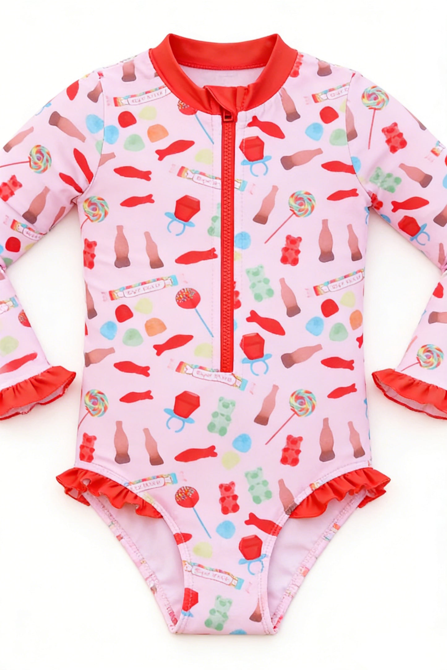 Baby Girls Long Ruffle Sleeve Fishes Candy Zipper Ruffle Swimsuits Preorder