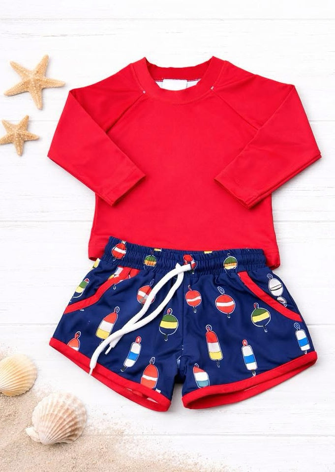 Baby Boys Red Long Sleeve Top Pockets Short Fishing Swimming Clothes Set Preorder